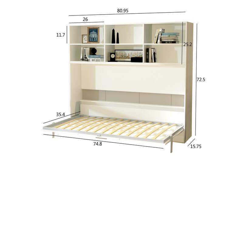 Space-Saving Twin Size Murphy Bed with Shelf Storage, White, Modern Design, Gas Struts