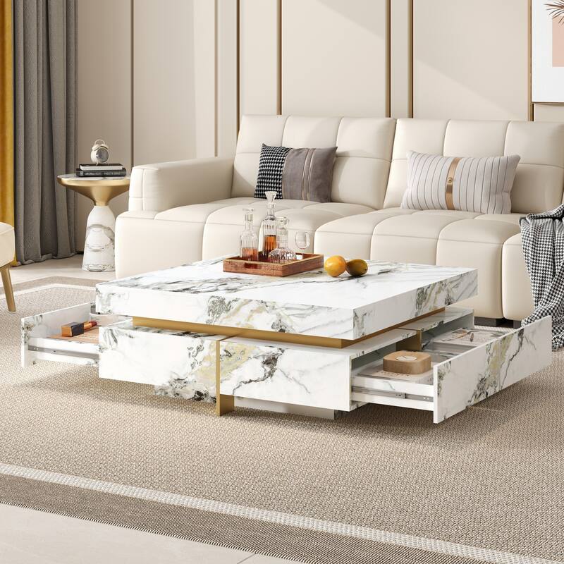 Large Square Coffee Table with 4 Drawers, White Marbling Cocktail Table for Living Room, Modern Center Table for Office
