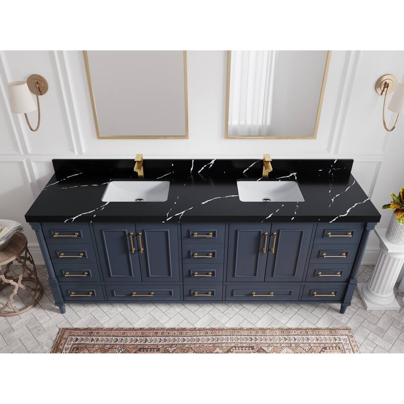 Willow Collections 84 in. W x 22 in. D Aberdeen Double Bowl Sink Bathroom Vanity with Countertop - 2" Calacatta Black - Hale Navy Blue