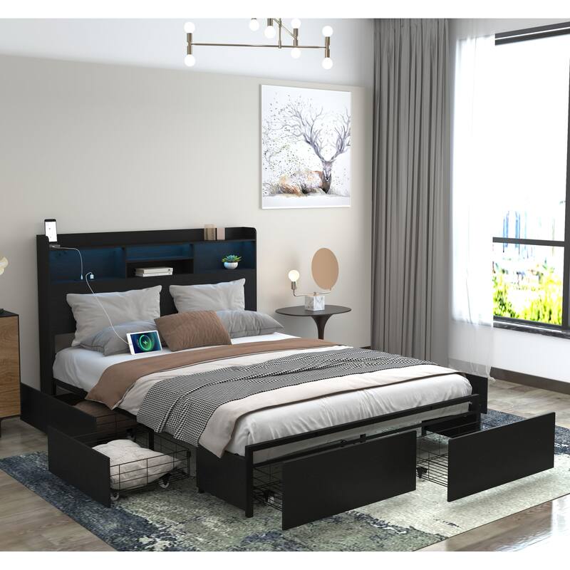 Queen Bed Frame with 6 Storage Drawers, with Headboard and Storage Shelf, Storage Bed with LED and Charging Station