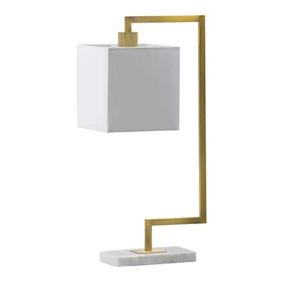 25 Inch Modern Geometric Table Lamp, Square Shade, White Marble Base, Gold