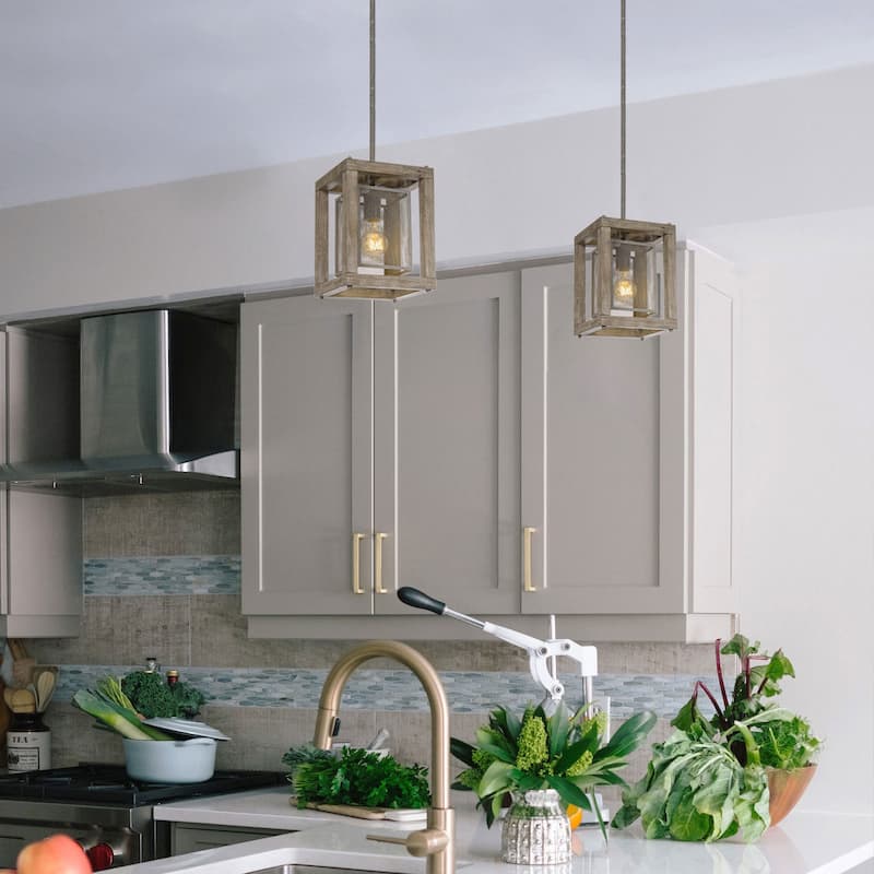 Farmhouse 1-Light Wood Cage Pendant Lights for Kitchen Island - D7.9" x H10.6"