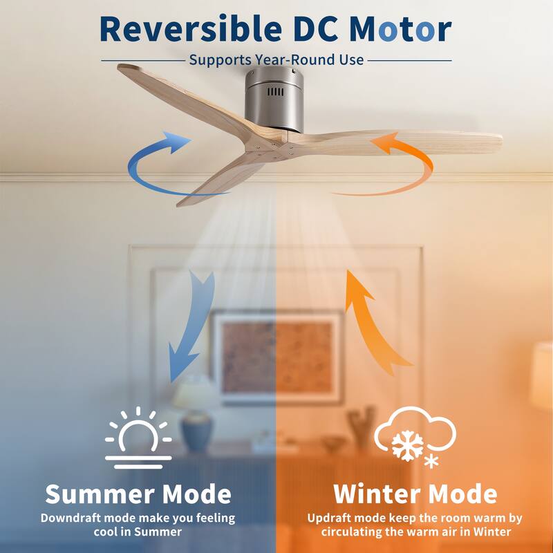 52"Mordern Rustic Elegance Solid Wood Blades Low Profile Flush Mount Ceiling Fan without Light