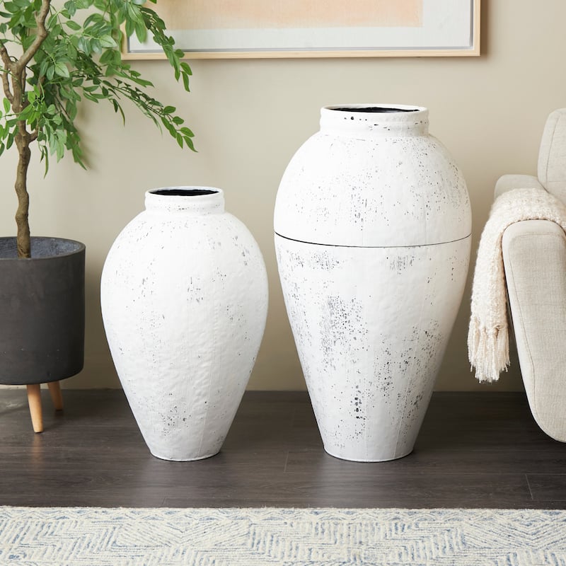Metal Tall Distressed Pot Floor Vase - Set of 2 White - Roche River Decor - 17"W x 17"L x 31"H