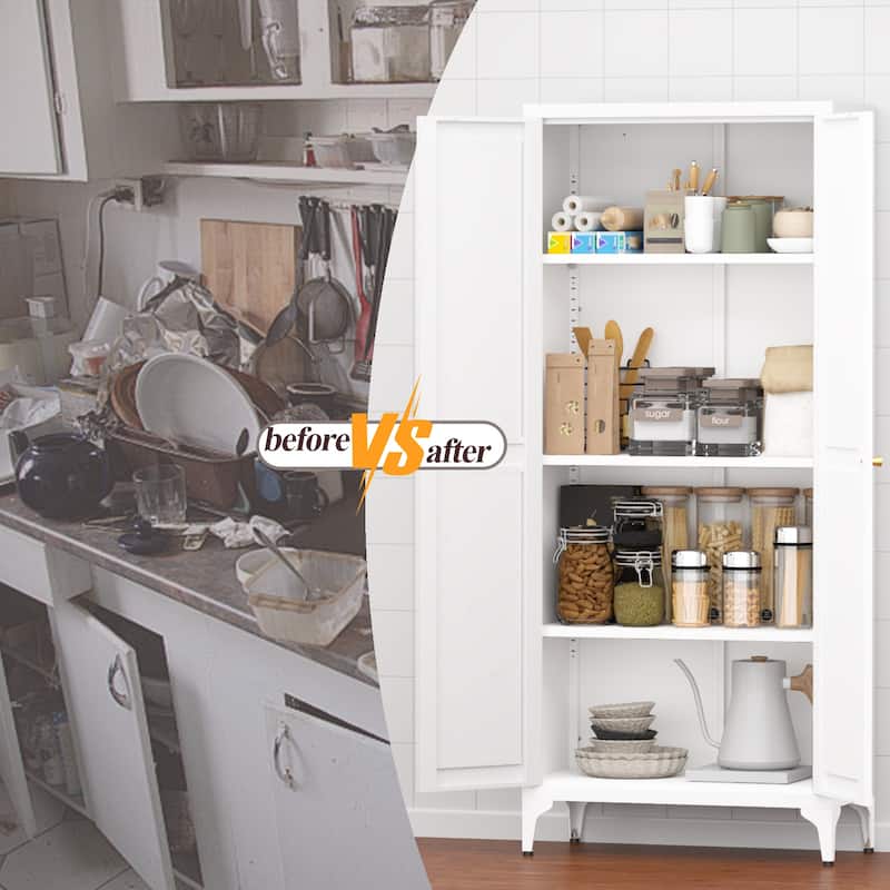 2 Doors Metal Storage Cabinet Kitchen Pantry Cabinet With Adjustable Shelves Tall Steel Cabinet Locker