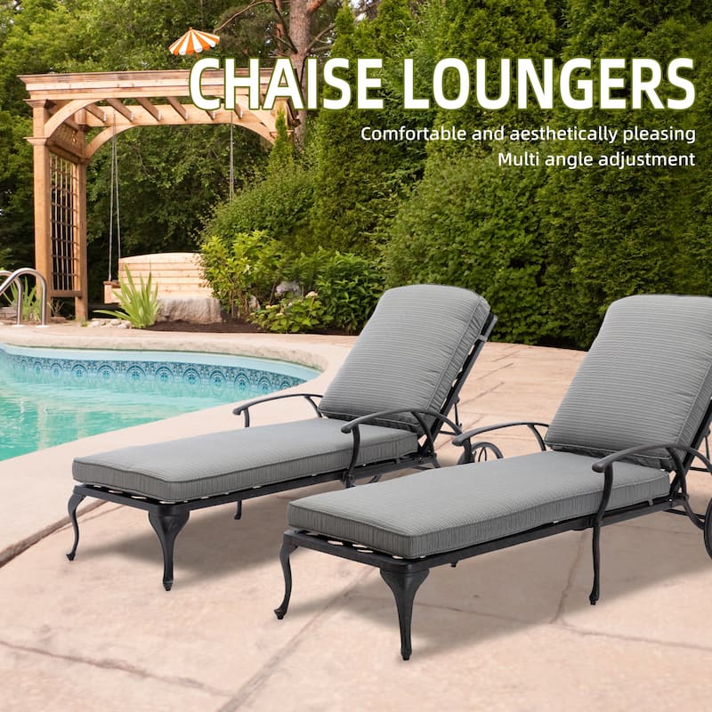 Aluminum Reclining Outdoor Chaise Lounge with Wheels and Cushions(set of 2) - Grey