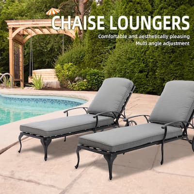 Aluminum Reclining Outdoor Chaise Lounge with Wheels and Cushions(set of 2)