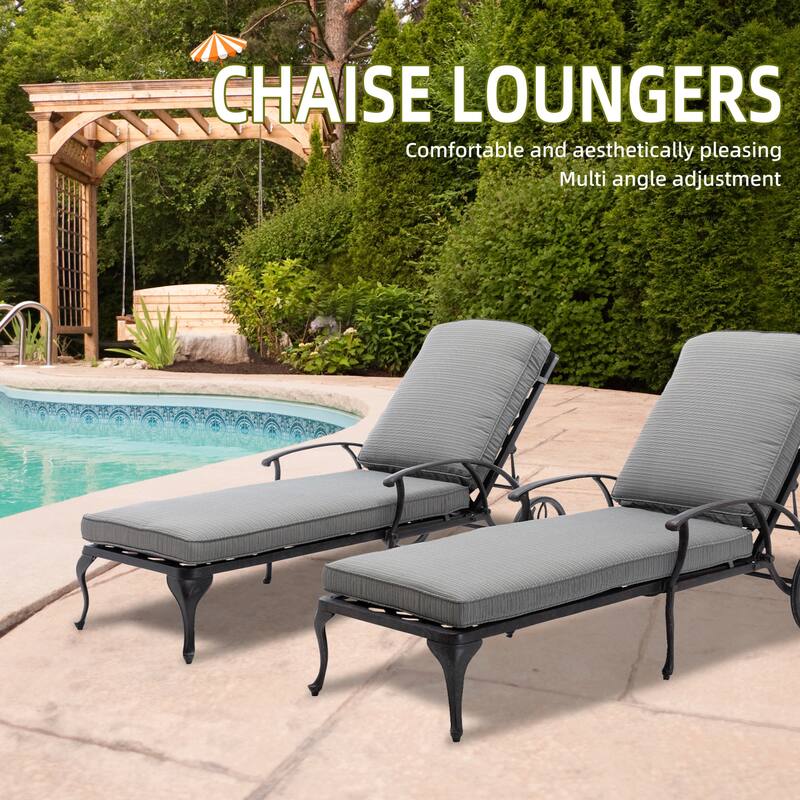 Aluminum Reclining Outdoor Chaise Lounge with Wheels and Cushions (Set Of 2) - Grey