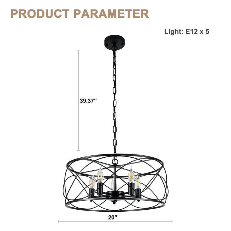 Bella Depot 20" Industrial Black Caged Dimmable Chandelier 5-Light Adjustable Pendant Light for Kitchen Island, Hallway