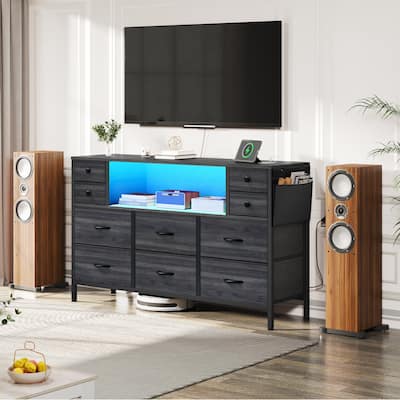 Moasis 10-drawer Dresser Media Console with Charging Station, RGB Lights, Side Pockets & Hooks