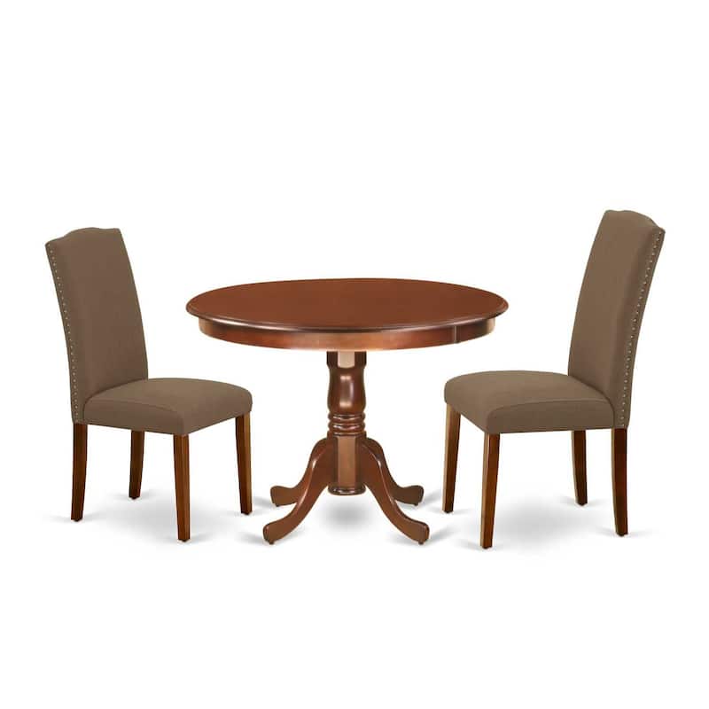 Dining Table Set 3pc - 42 Inch Round Table & 2 Parsons Chairs - Linen Fabric - Dark Coffee Finish