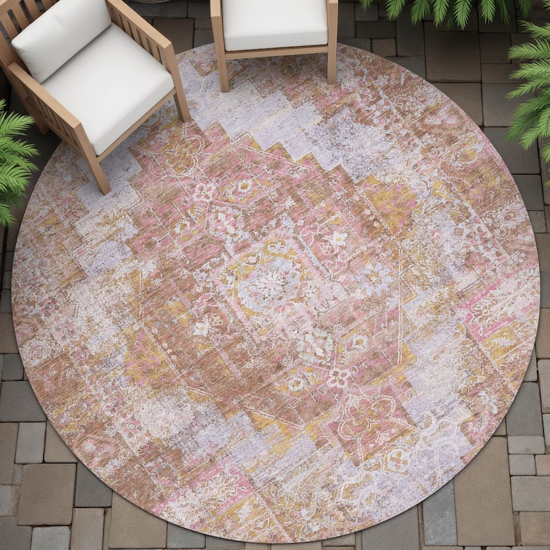 Machine Washable Indoor/Outdoor Traditional Global Chantille Rug - Blush - 8' x 8'
