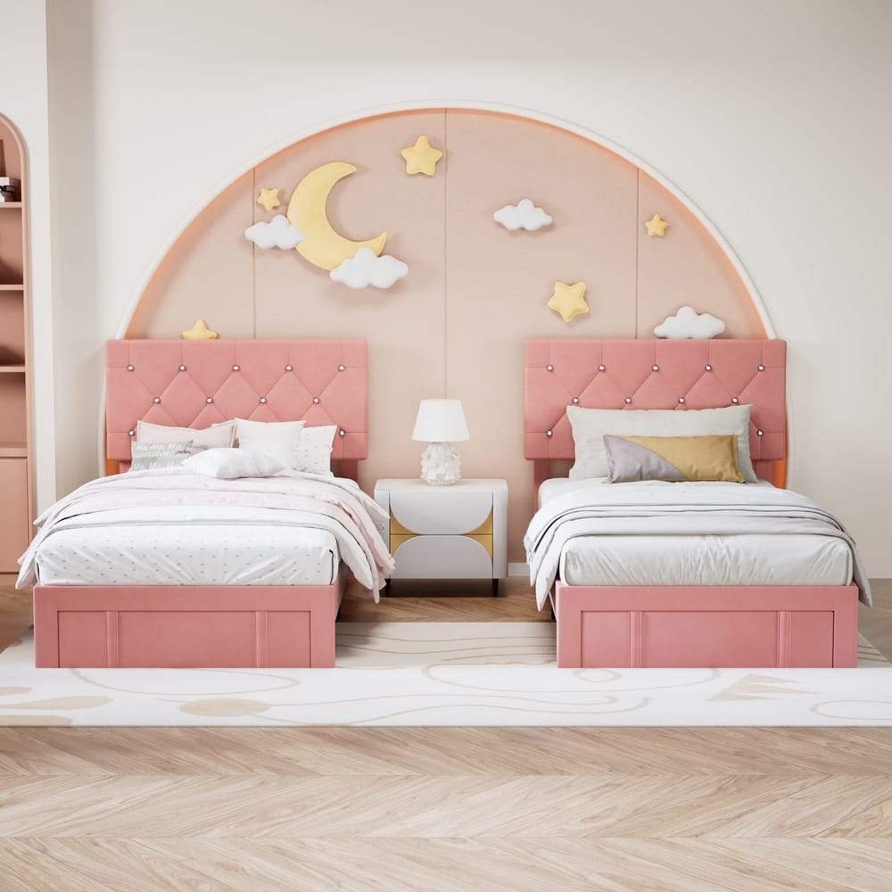 Javlergo 2-Piece Twin Bed Frame Set 39.4-45.3" Adjustable Height PU Leather Headboard with Diamond Embellishment Storage Drawer