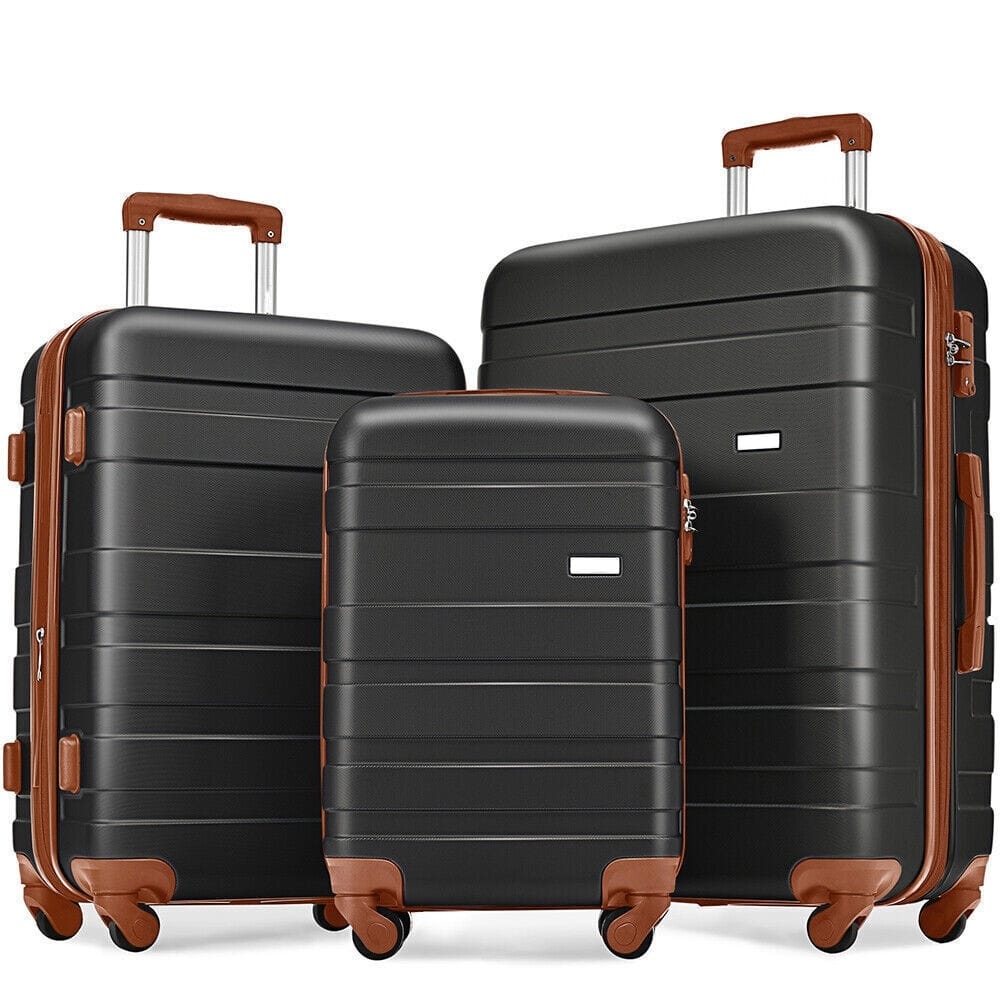 3-Piece, 20, 24, 28-Inch Modern Hard Shell Luggage with TSA Lock and Spinner Wheels, for Boarding Travel, Black+Brown