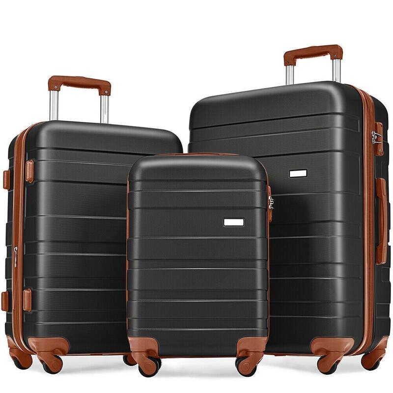 3-Piece, 20, 24, 28-Inch Modern Hard Shell Luggage with TSA Lock and Spinner Wheels, for Boarding Travel, Black+Brown - Black