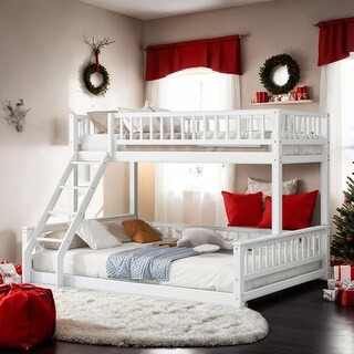 Twin XL over Queen Bunk Bed with Ladder and Guardrails, White