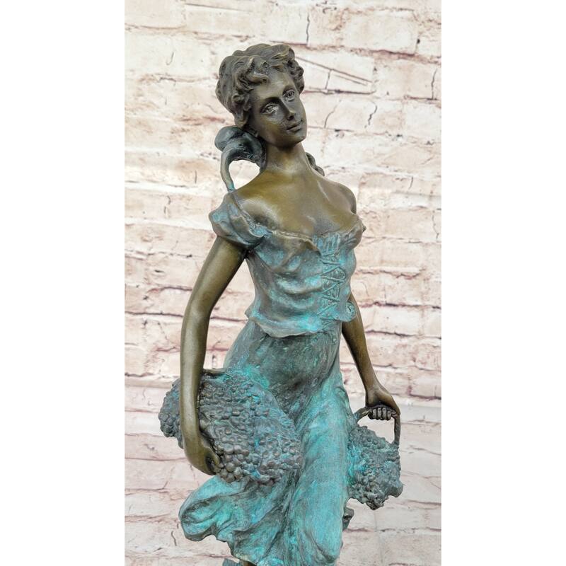 Girl Carrying Basket Of Grapes Clical Bronze Figure Statue Sculpture 17 Inches X 6 Inches