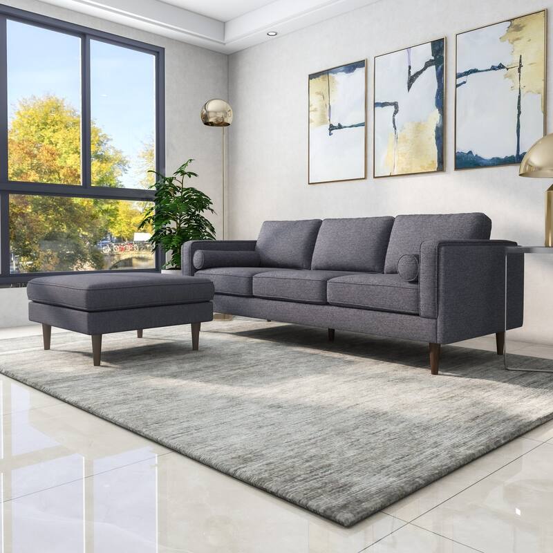 Amber Square Upholstered Ottoman Seaside Grey Fabric with Solid Wood Legs