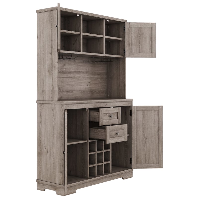 Coffee Bar Cabinet with Drawers and Shelves, Freestanding Kitchen Pantry with Cabinets, Wine Cabinet with Glass Racks