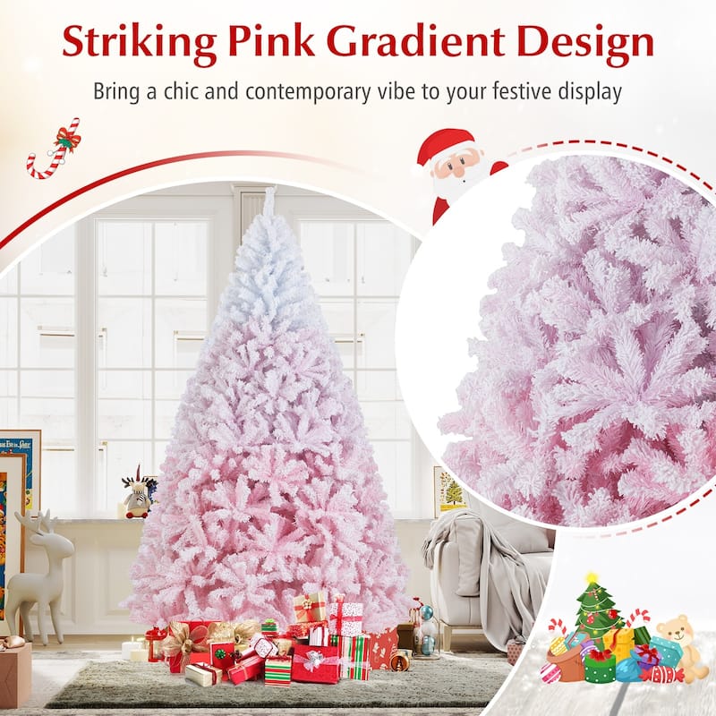 Gymax Artificial Christmas Tree Hinged Snow Flocked Xmas Tree w/ Lush - Pink, White