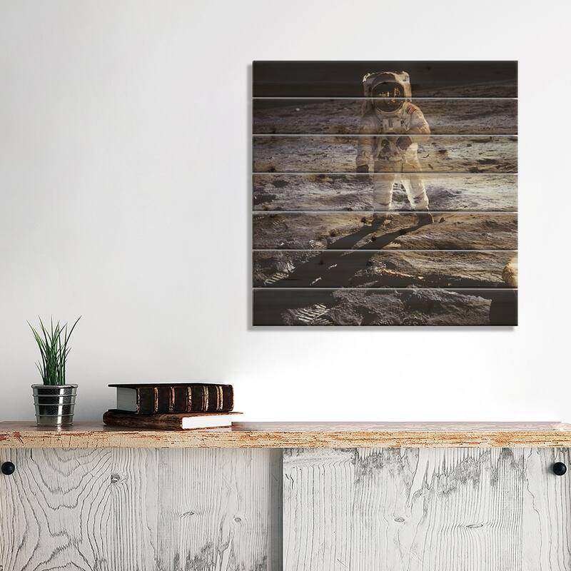 Buzz Aldrin Moonwalker Print On Wood by NASA - Multi-Color