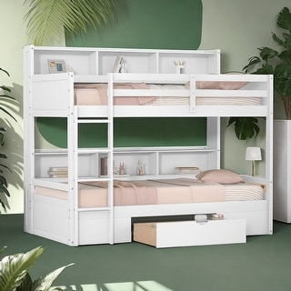 Twin Size Bunk Bed with Built-in Shelves and Storage Drawer