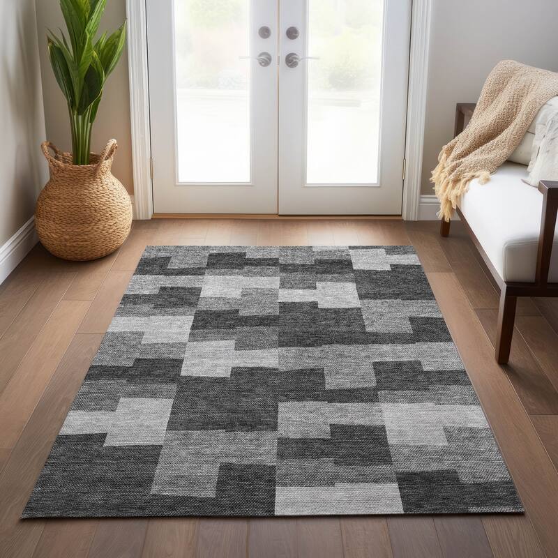 Machine Washable Indoor/ Outdoor Chantille Modern Blocks Rug