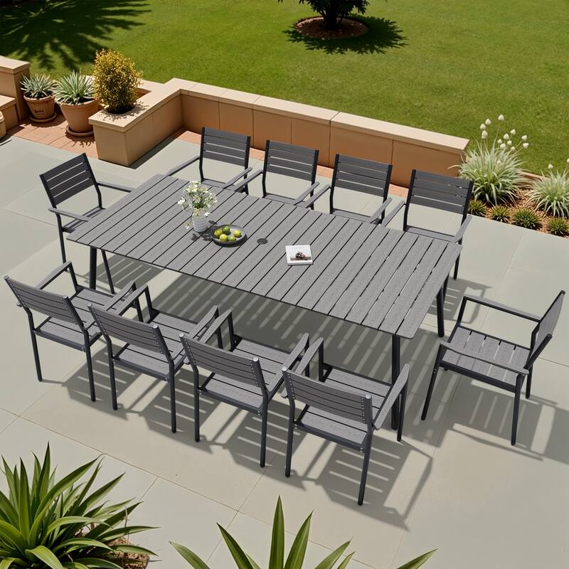 11-piece Outdoor Aluminum Rectangle Patio Dining Table with Umbrella Hole and Chairs
