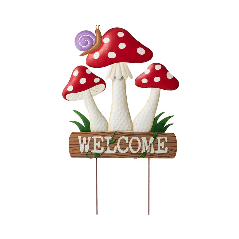 Glitzhome Metal/Wood Frog Stacked Mushroom Welcome Sign Yard Stakes Garden Wall Decor