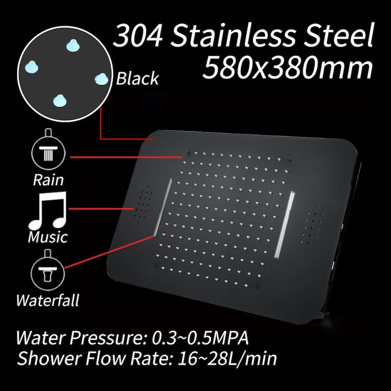23 inch 64 LED color light rainfall waterfall head 4 way thermostatic shower system matte black with 6 inch head - 7'6" x 10'9"