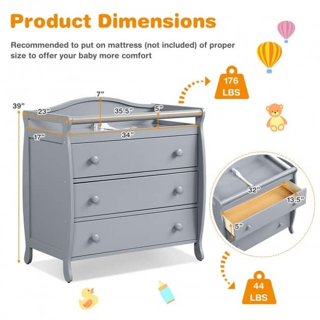 Baby Changing Table Infant Diaper with 3 Drawers and Safety Belt-Brown - 35.5" x 23" x 39" (L x W x H)