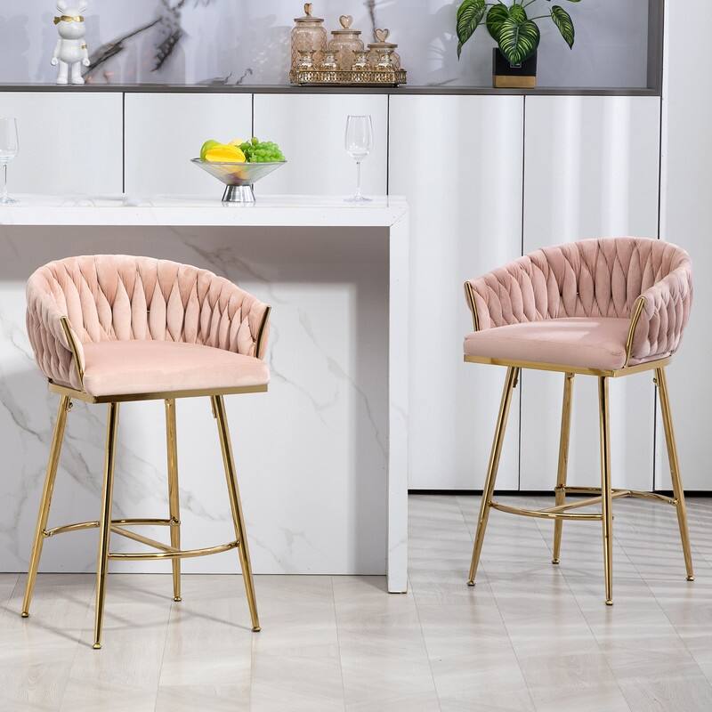 (Set of 1) 26" Velvet Counter Height Bar Stool with Wave Back, Golden Chrome Base and Footrest - Pink
