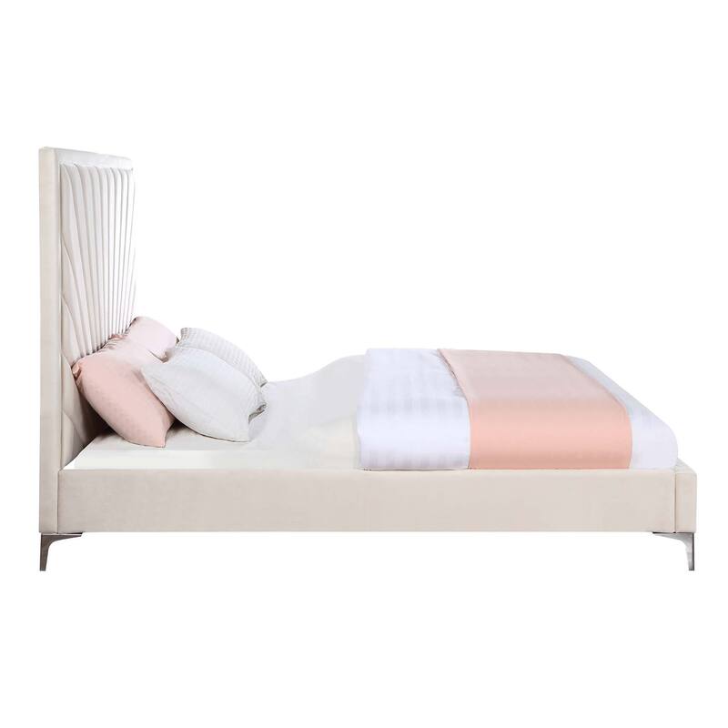 Fully Fabric Upholstered Bed with Metal Legs in Beige Finish
