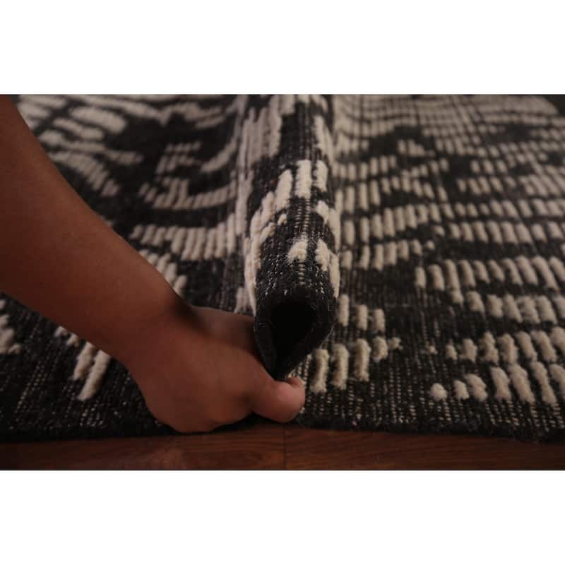 All-Over Black & White Moroccan Abstract Area Rug Handmade Wool Carpet - 8'2"x 10'3"