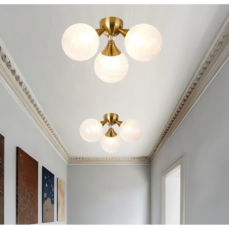 3-Light Stylish Triple White Bubble Glass Shaded Semi-Flush Mount Lamp - Brass