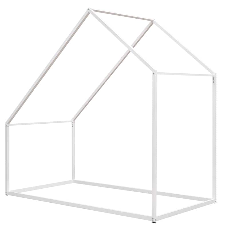 Twin Size Floor Kids Bed, Open Metal House Bed Frame with Roof Design