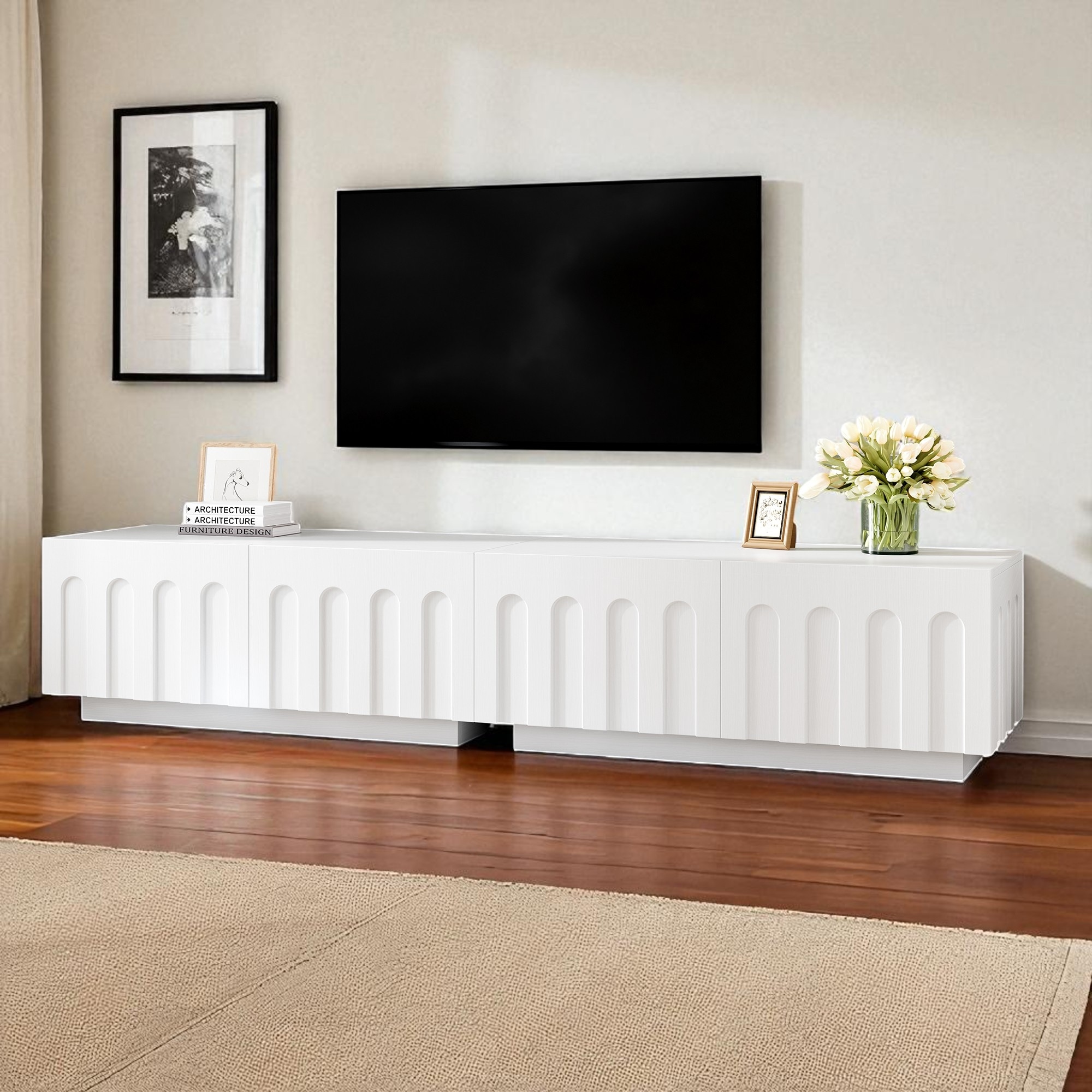 Elegant Arched TV Stand for TVs Up to 80", Dual Purpose Coffee Table with 4 Storage Drawers, Multi-Functional Organizer Cabinet