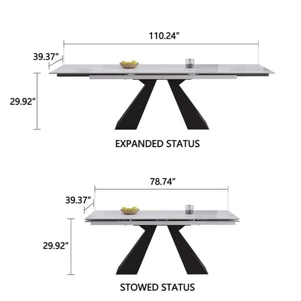 dimension image slide 3 of 5, 110.24" Extendable Rectangular Sintered Stone Double Pedestal Dining Table Seat 8-12