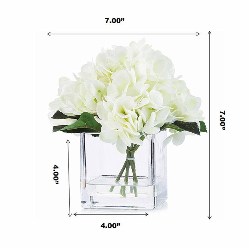 Enova Home Artificial Real Touch Hydrangea Fake Silk Flowers Arrangement in Cube Glass Vase With Faux Water For Home Decoration