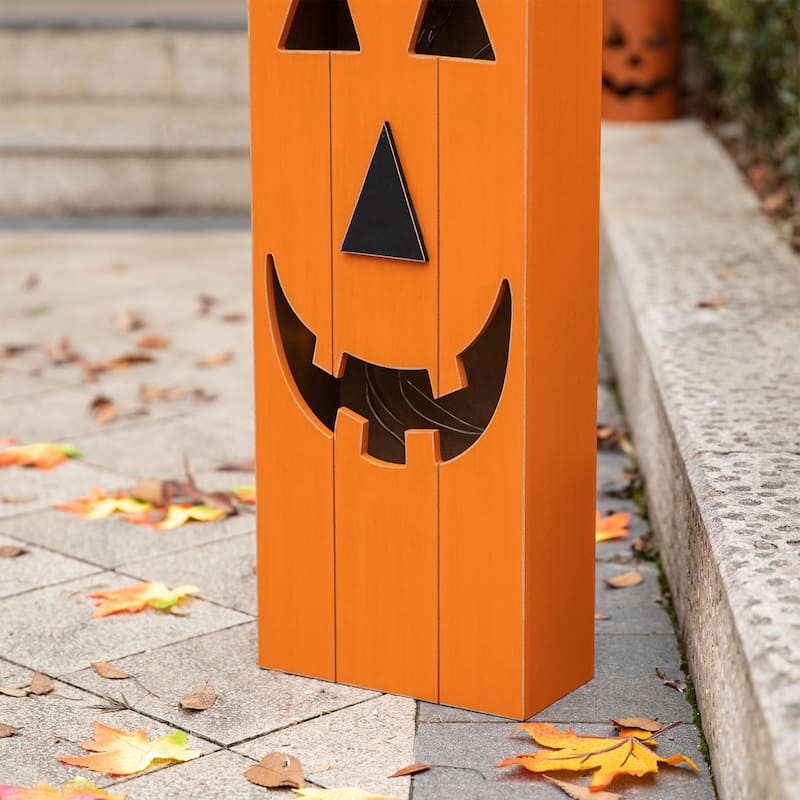 Glitzhome 30"H LED Lighted Halloween Pumkin Wooden Porch Decor with Timer