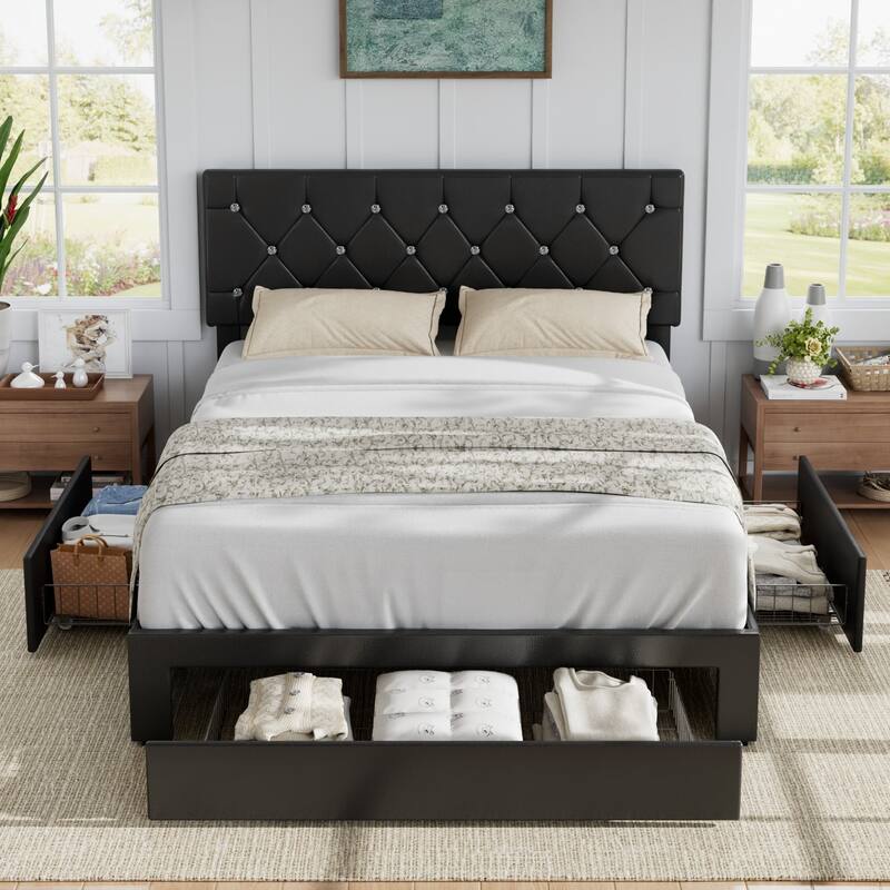 VECELO Bed Frame with Storage Drawers, Leather Upholstered with Diamond Tufted Headboard, Solid Wood Slat Support