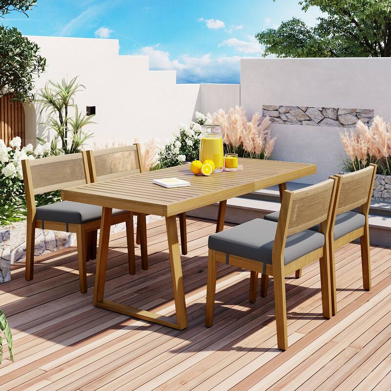 9 Pieces Acacia Wood Patio Dining Furniture Set, Farmhouse Dining Table Set with 4 Chairs and Removable Cushions