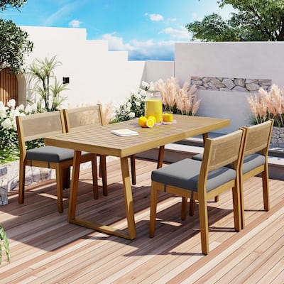 Wood Outdoor Dining Table Set for 4 with Thick Cushions and 4 Chair 5 Piece Outdoor Acacia Wood Dining Table and Chair Set