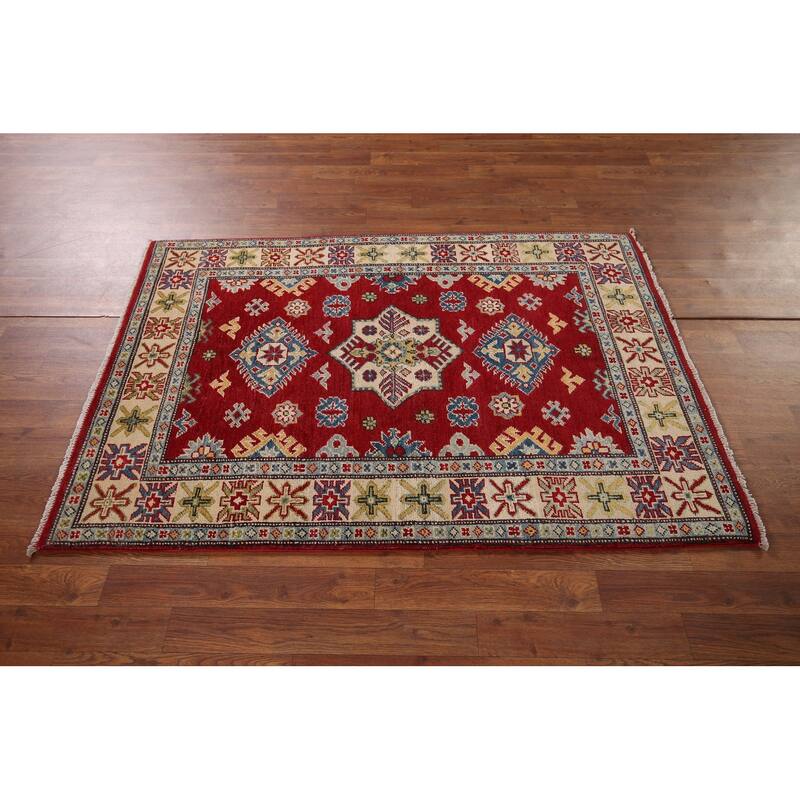 Red Geometric Kazak Accent Rug Handmade Traditional Wool Carpet - 3'5" x 5'0"