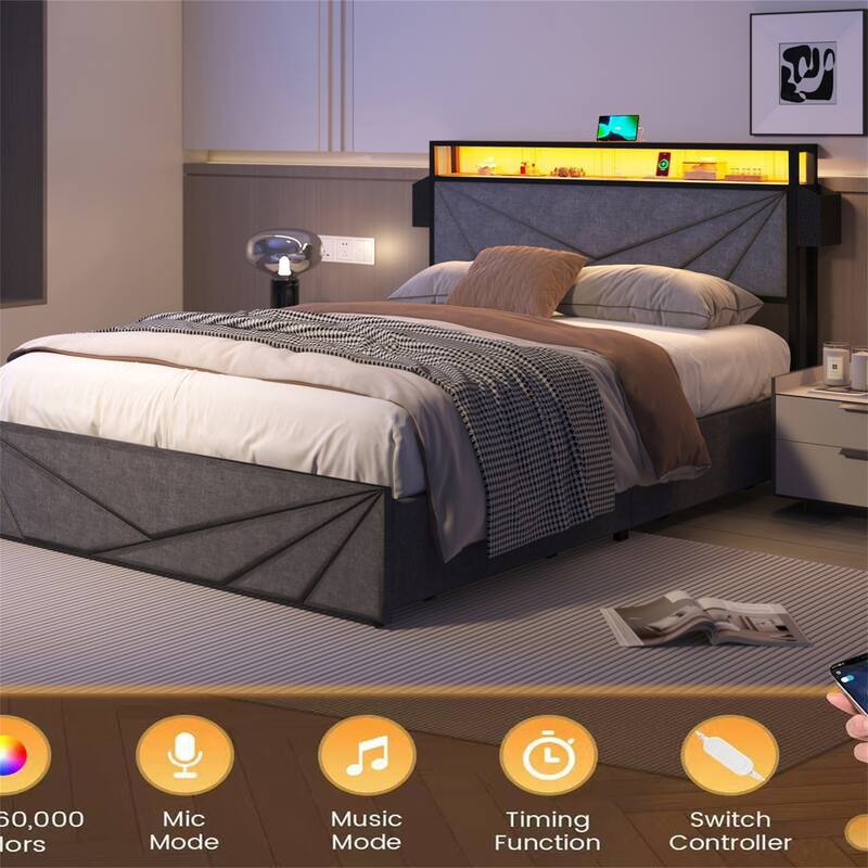 Queen/Full LED Bed Frame, Storage Headboard with Charging Station