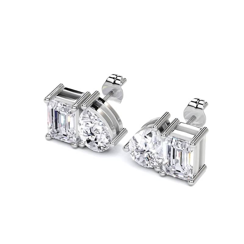 Auriya 14k Gold Emerald-cut and Pear-shaped Lab Grown Toi Et Moi Diamond Stud Earrings 4.00 ct. tw. Push-Back (F-G VS) - White