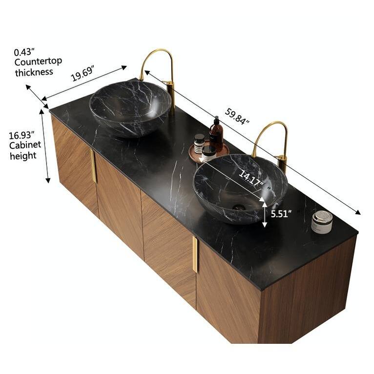 GDFStudio - Arai Modern 60" Floating Bathroom Vanity with Black Sintered Stone Countertop, Dual Ceramic Basin & 4 Doors