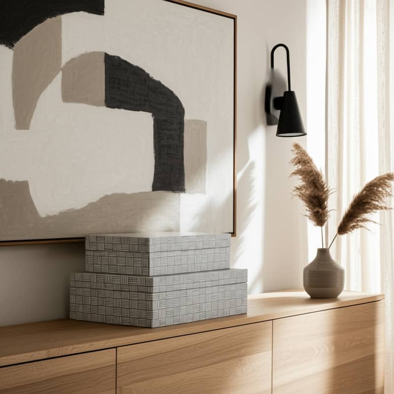 Resin Wood Storage Box Geometric Pattern (Set of 3) - 10/11/12" Black - 12" x 8" x 4"