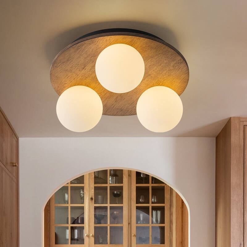 Italy Vintage Wood 3-Light Glass Globe Semi Flush Mount - Frosted White Glass