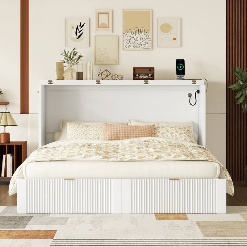 Merax Murphy Bed with drawer and a set of Sockets & USB Ports - White - Queen